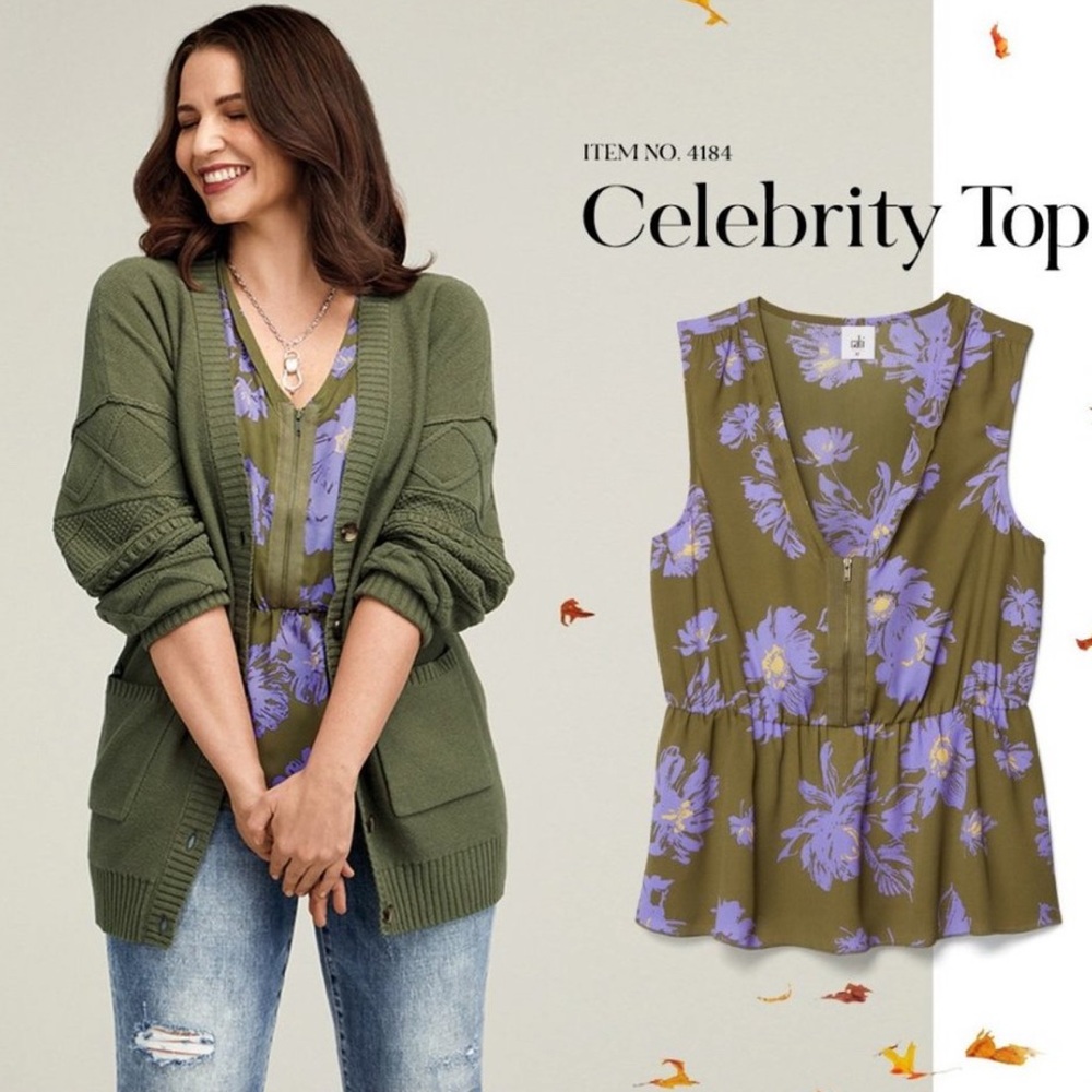 CAbi Purple and Green Peplum Tie Front Tank Top